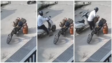 Cylinder Thief: Fearless theft in front of the camera...! Gas cylinder stolen from in front of the house in broad daylight... Shocking video goes viral