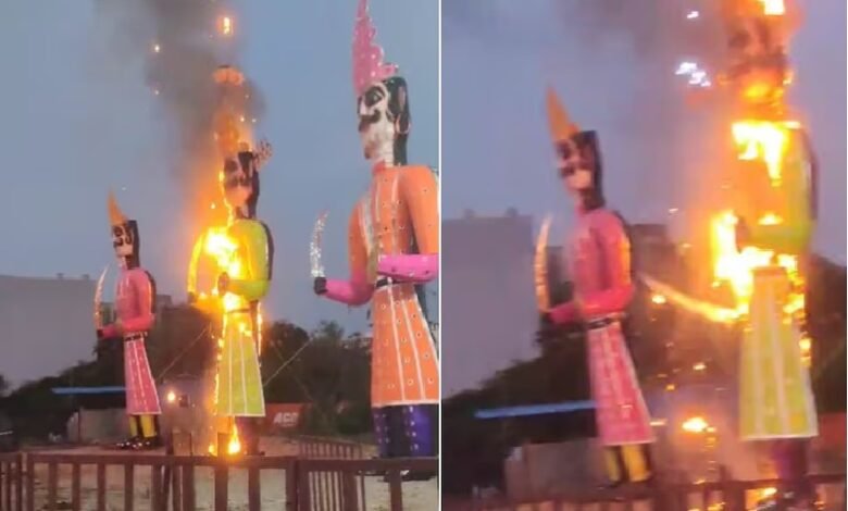 Dussehra festival: Drunken young man and woman set fire to Ravana's effigy and fled... watch the video here