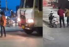 High Voltage Drama: A drunk young man and woman created a high-voltage drama on the road in Bilaspur...! The young man stood in front of a truck... a major accident was averted.