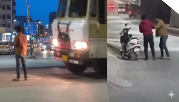 High Voltage Drama: A drunk young man and woman created a high-voltage drama on the road in Bilaspur...! The young man stood in front of a truck... a major accident was averted.