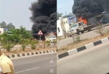 Raipur Fire Incident: Jeep Explodes on Raipur-Dhamtari Highway! Massive Fire Erupts During Road Marking Operations