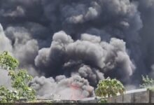 Saddu Factory Fire: Massive Blaze in Raipur! Plastic Factory in Saddu Engulfed in Flames... Firefighting Teams on the Scene... Efforts to Extinguish the Fire Underway (Video)