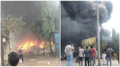 Scrap Shop Fire: Massive Blaze in Raigarh...! Terrifying Flames Erupt from Scrap Shop... Fire Spreads to Hero Showroom... Panic Grips the Area... Watch VIDEO Here