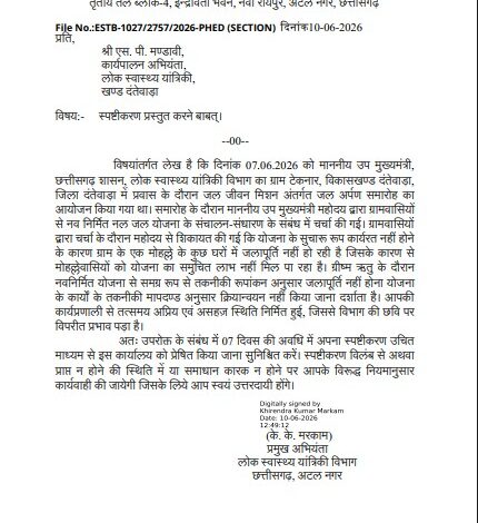 Jal Jeevan Mission: Major impact of the Bastar visit! Notices issued to two Executive Engineers (EEs) on the instructions of Deputy CM Arun Sao; explanation sought regarding negligence in the tap-water scheme.