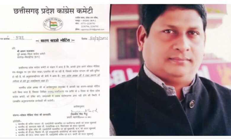 Notice to Congress Leader: Political turmoil erupts again within the Chhattisgarh Congress! A social media post regarding the PCC chief lands a leader in trouble; a show-cause notice has been issued to him.