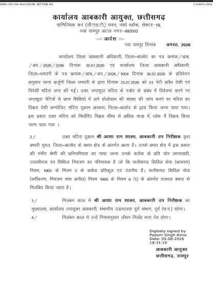 Excise Department: Government takes major action over irregularities at liquor shops! Two Excise Sub-Inspectors suspended; action also recommended against the Assistant Commissioner of Dhamtari.