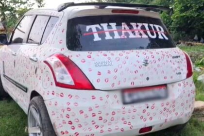 3,400 kisses cause a stir: Girlfriend leaves thousands of lipstick kisses on a car in 3.5 hours; boyfriend fined ₹5,500.