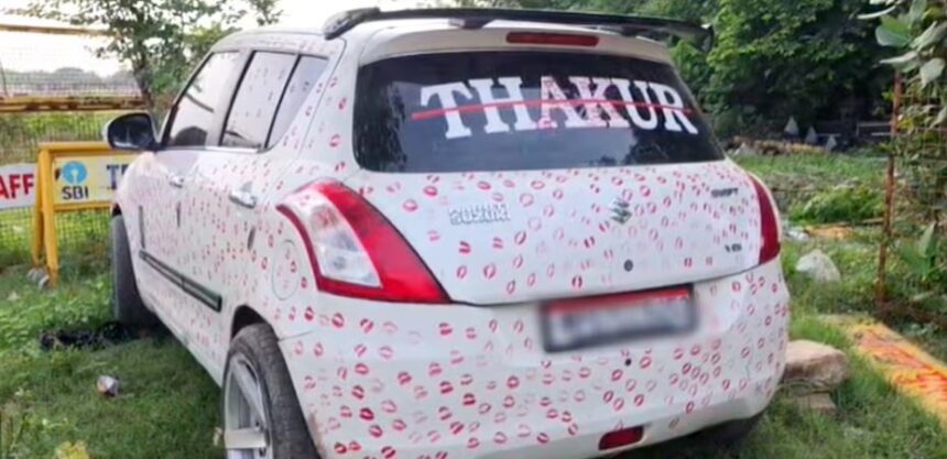 3,400 kisses cause a stir: Girlfriend leaves thousands of lipstick kisses on a car in 3.5 hours; boyfriend fined ₹5,500.