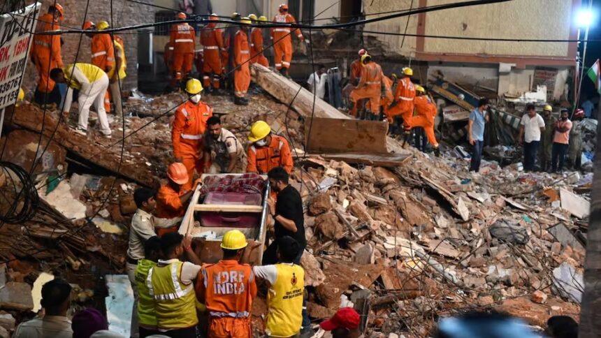 5-storey building collapses in Satya Niketan, 6 dead; search for survivors in the rubble continues after 17 hours; MCD evacuates adjacent building.