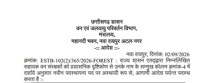CG Forest Transfer 2026: Major administrative reshuffle in the Chhattisgarh Forest Department; transfer orders issued for ACF officers, and new postings assigned for Assistant Conservators of Forests.